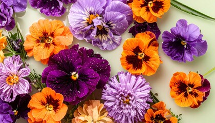 Vibrant flowers in various shades of purple, orange, and lavender