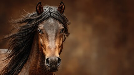 Majestic horse with flowing mane stands against a warm, blurred background in a serene outdoor setting