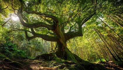 Fototapeta premium a majestic tree in a sunny forest surrounded by other trees the leaves are lush and green basking in the sunlight