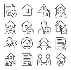 Fototapeta premium Real estate linear icons set. featuring house, contract, sale, agent, transaction, mortgage, and property symbols