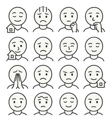 Emotions linear icon set. featuring happiness, sadness, confusion, curiosity, worry, satisfaction, and anger icons.