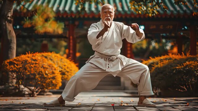 Senior karate master practicing martial arts in dojo with traditional uniform
