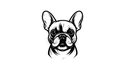 A detailed black and white graphic illustration showcases the head of a French Bulldog, rendered in a classic style.