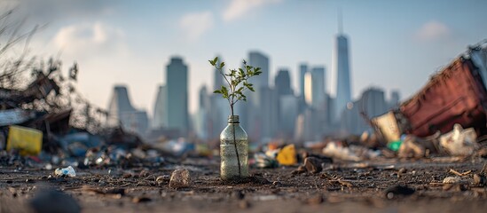 Small sprout in a bottle, amidst urban debris, facing a cityscape