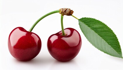 two ripe cherries with stem and leaf isolated on white background