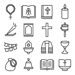 Religious linear icon set. featuring cross, rosary, prayer mat, incense, bible, candle, and chalice icons