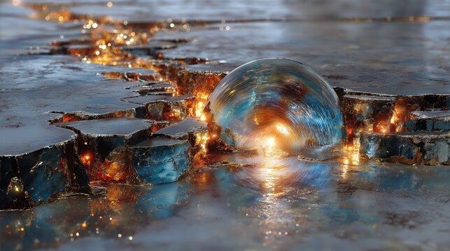 輝く光の球体がひび割れた暗い表面から現れる様子 | Glowing sphere of light emerging from a cracked dark surfaceあ
