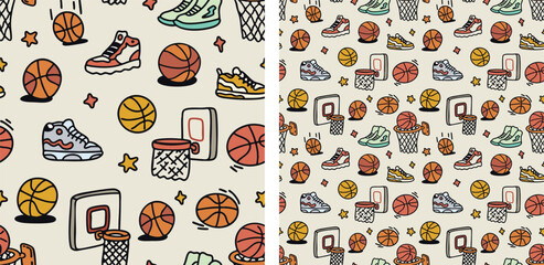 Basketball Seamless Pattern &ndash; Doodle Balls, Hoops, and Sneakers Vector Illustration