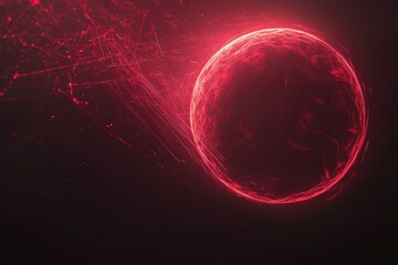 Vivid red spherical abstraction with glowing particles and lines creating a dynamic cosmic effect in a dark background