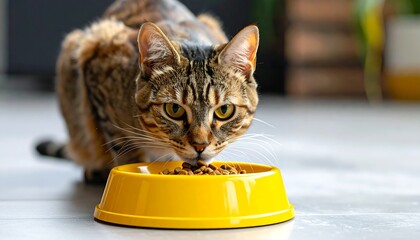 Striped feline intently eating dry food from a bright yellow bowl, indoors