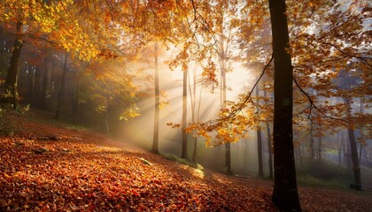Fototapeta premium beautiful autumn leaves falling in a serene forest setting with soft sunlight and mist