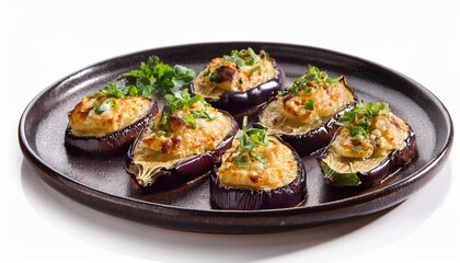 delicious gourmet roasted eggplant appetizer with cheese and fresh herbs