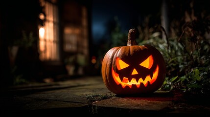 Fototapeta premium Eerily glowing jack-o'-lantern casting spooky shadows on Halloween night, perfect for seasonal designs and festive advertising campaigns