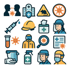 Pandemic safety flat icon set. featuring virus, mask, sanitizer, vaccine, hospital, quarantine, and shield icons