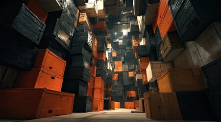 A maze-like corridor filled with stacked crates