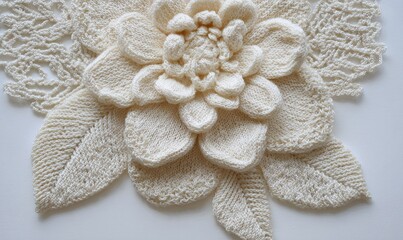 Fototapeta premium Close-up of a crocheted/knitted flower and leaves. Cream-colored, detailed, textured