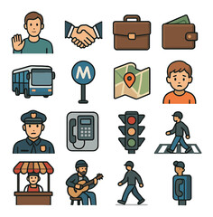 City life flat icon set. featuring bus, metro, map, police, street vendor, musician, and traffic symbols