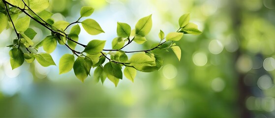 Obraz premium Fresh green leaves on a branch, bathed in sunlight, with a soft-focus background of other greenery