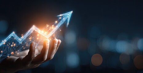 A hand holds a glowing, digital upward-trending graph, signifying growth.  The image has a dark background, and a blurred city lights bokeh effect