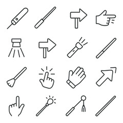 Navigation and gesture linear icon set. featuring swipe, tap, point, flashlight, arrow, and brush symbols