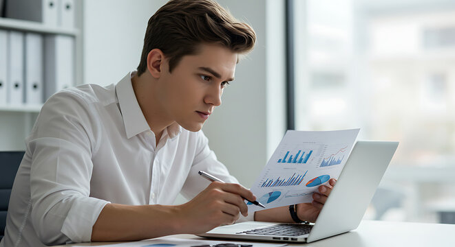 Young man analyzing financial charts on a laptop, pen in hand, focused expression, office background