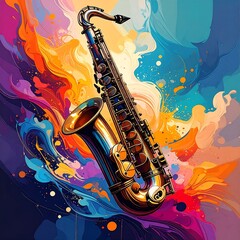 Naklejka premium A vibrant saxophone illustration, showcasing a dynamic composition of swirling, colorful abstract forms, creating a lively musical atmosphere.