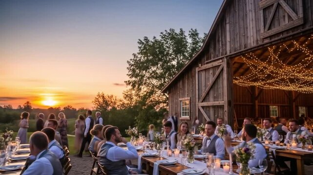 Elegant barn wedding reception with guests dining under twinkling string lights at sunset
