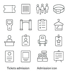 Admission and ticketing linear icon set. featuring tickets, barcode, queue, turnstile, and id badge symbols