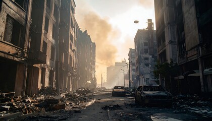 Desolate urban street after fire