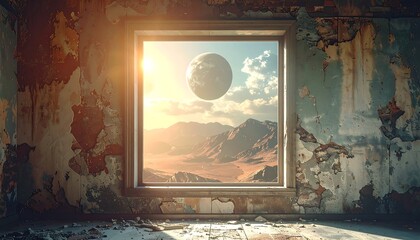 Desolate room, alien landscape view