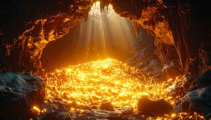 Gold treasure hoard within a dark cave, illuminated by sun rays pouring from an opening