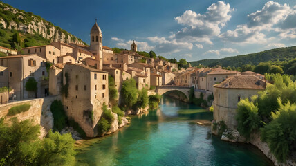 Stone riverside village in Provence under historic bridge