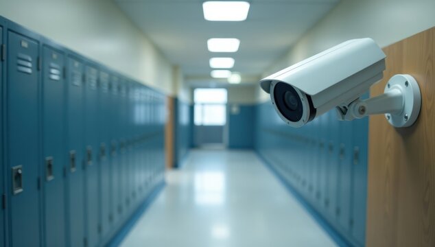 Campus Security: A Surveillance Camera for Student Safety. Suitable for use in presentations, articles, or reports discussing security measures in educational environments 