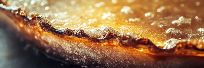 Close-up view of golden caramelized sugar with bubbles and texture highlights, showcasing culinary detail in dessert preparation