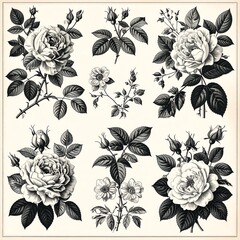 Detailed botanical rose illustrations