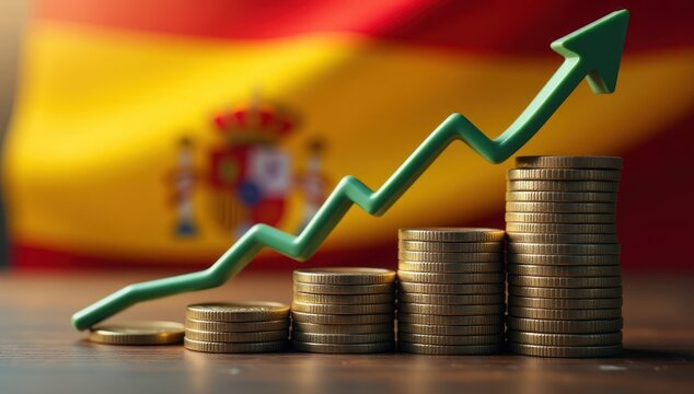 Investment and Market Trends in Spain: Coins and Upward Arrow. Suitable for financial articles, investment analyses, and infographics about Spain&rsquo;s market trends