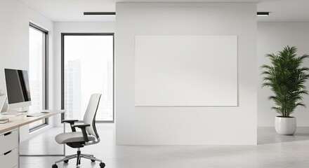 A modern, minimalist office interior with a white desk, ergonomic chair, computer setup, a large blank canvas on the wall, and a potted plant.