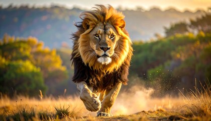 A powerful male lion in a dynamic run across a golden savanna landscape.