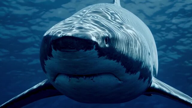 Closeup of a great white shark swimming in the deep blue ocean