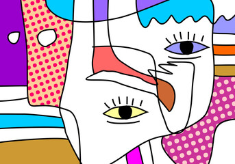modern cubism illustration featuring abstract geometric shapes and expressive eyes.