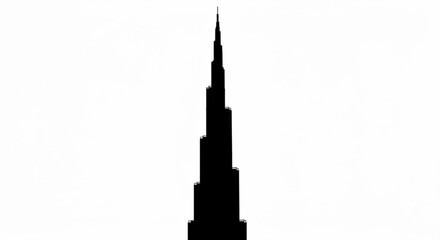 Silhouette of a tall skyscraper with a pointed spire rising high against a bright white empty background created with generative ai