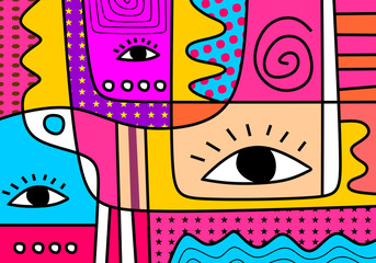modern cubism illustration featuring abstract geometric shapes and expressive eyes.