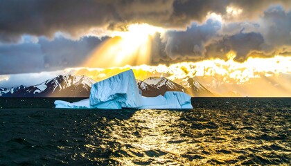 Majestic iceberg bathed in golden sunlight piercing dramatic clouds over a mountain range
