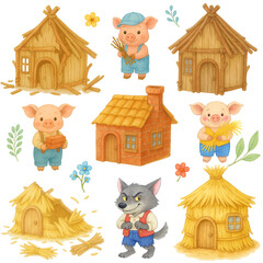 Watercolor Three Little Pigs Clipart