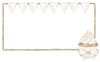 Watercolor rectangular frame with cupcake and festive bunting in beige tones, hand painted in delicate style. Perfect for invitation, postcard, kids menu design, baby shower, birthday card