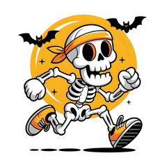Cartoon Skeleton Running with Bats and Moon