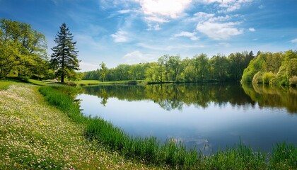 Obraz premium a tranquil spring landscape featuring a still lake reflecting the bright sky and lush trees around it wildflowers grow along the shoreline and the breeze stirs gentle ripples in the water capturin
