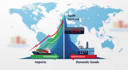 Illustration depicting tariff increase impact on imports and domestic goods.