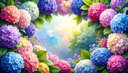 A vibrant display of hydrangeas in a garden setting, showcasing a variety of pastel colors and a soft, serene atmosphere.