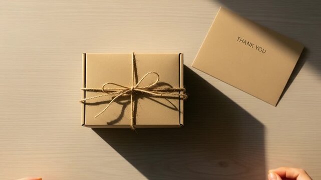 Hands tying a brown gift box with twine next to a thank you card on a neutral colored surface